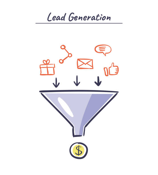 illustrazioni stock, clip art, cartoni animati e icone di tendenza di processo di produzione dei lead nell'imbuto di vendita. illustrazione disegnata a mano nel marketing online. concetto vettoriale di generazione di piombo. - infographic vector sharing arrow sign