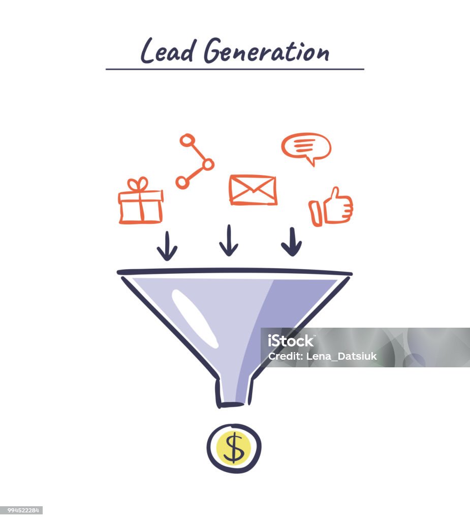 Process of leads production in sales funnel. Online marketing hand drawn illustration. Lead generation vector concept. Lead generation vector concept. Process of leads production in sales funnel. Online marketing hand drawn illustration. Lead stock vector