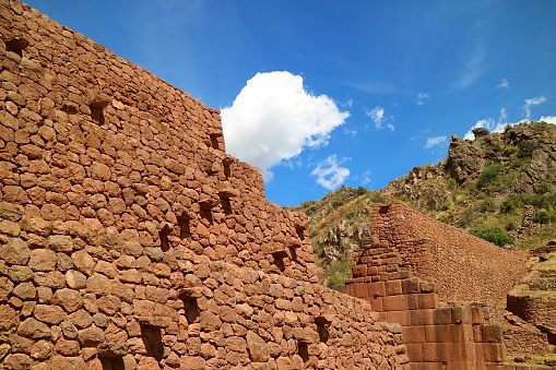 The stairs on the Pre-Inca large stone wall ruins of Pikillaqta, South Valley, Cusco, Peru