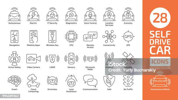 Self Drive Car Line Icon Set Autonomous Sensor Smart Vehicle Editable Stroke Outline Symbol Stock Illustration - Download Image Now