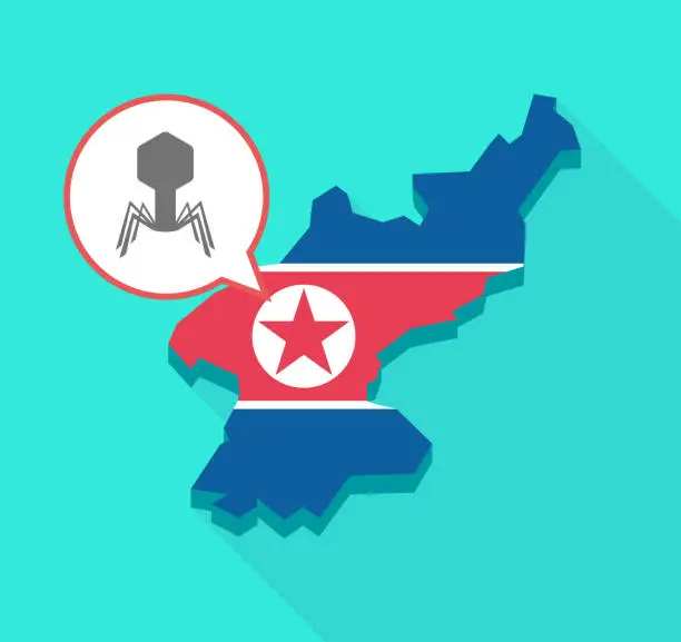 Vector illustration of Long shadow North Korea map with a virus