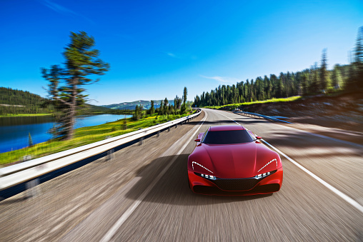 view from front of fast moving car, mountain road, motion blur,  3D, car of my own design.