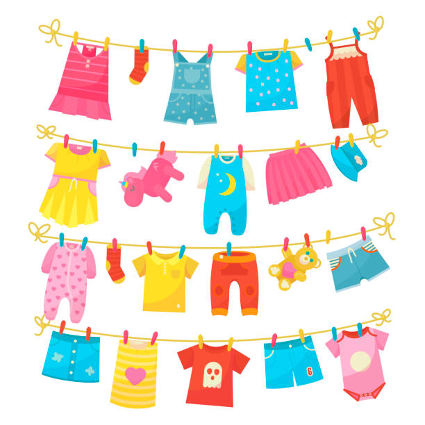ilustrações, clipart, desenhos animados e ícones de roupas de crianças na corda - laundry clothing clothesline hanging