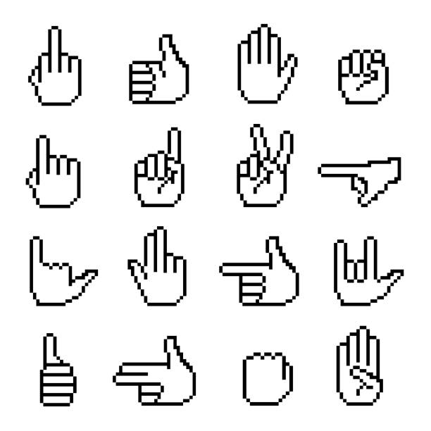 ilustrações de stock, clip art, desenhos animados e ícones de pixel hand gesture - human thumb click human hand communication