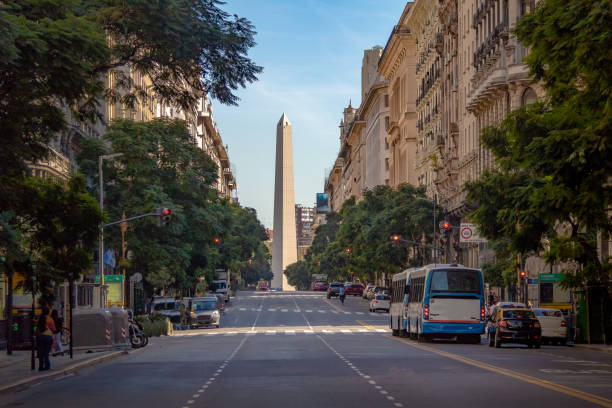 オベリスクに背景に-ブエノスアイレス、アルゼンチンのコリエンテス通り - obelisco ストックフォトと画像