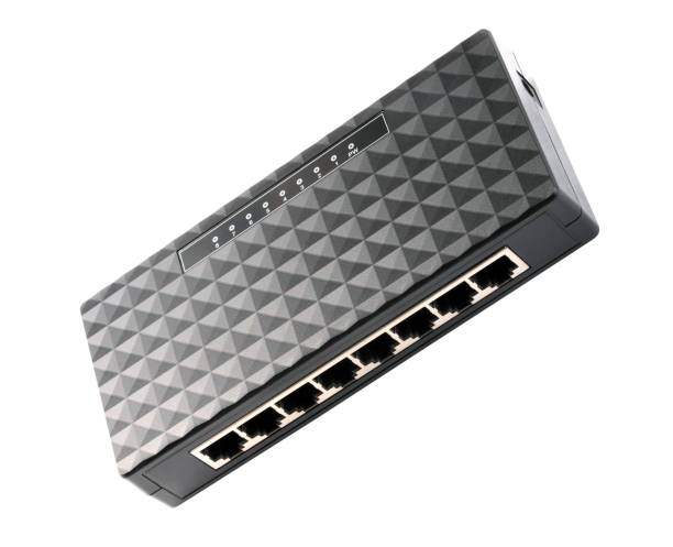 istock black 8 Port Plastic Ethernet Switch isolated on white background at dry day 994694938