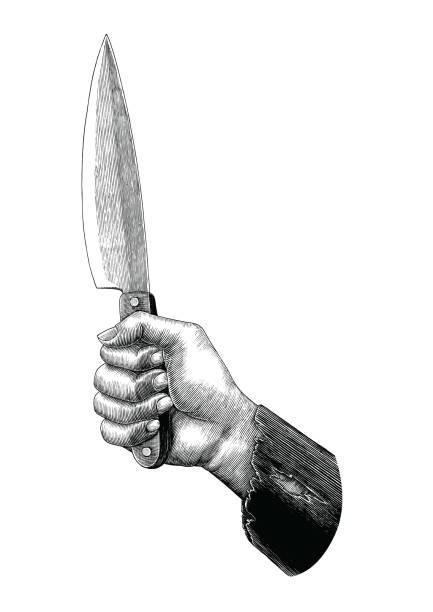 istock Hand holding knife illustration vintage clip art isolated on white background 994695156