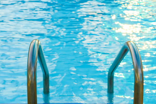 istock Grab bars ladder in the blue swimming pool 994702360
