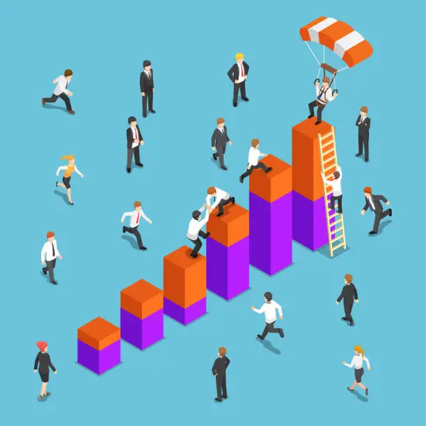 Vector illustration of Isometric business people competing to reach the top of the graph