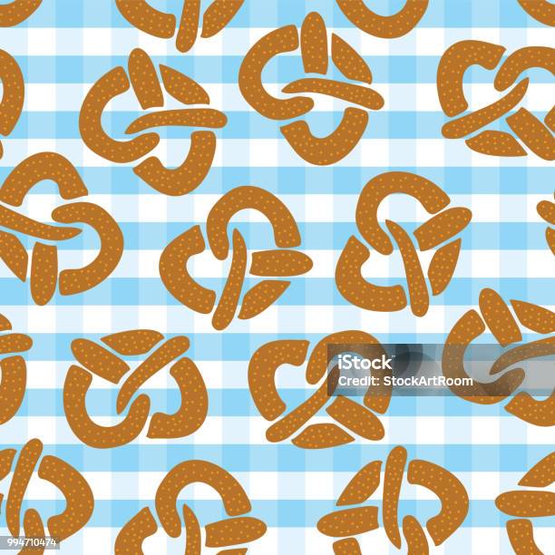 Pretzel Seamless Pattern For Beer Fest On A Blue And White Plaid Background Vector Illustration Great For Backgrounds Wrapping Fabric And Packaging Stock Illustration - Download Image Now