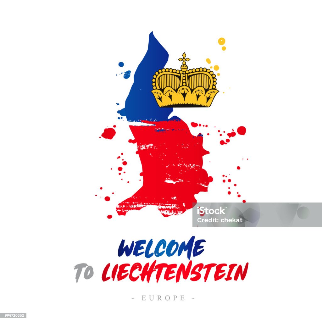 Welcome to Liechtenstein. Europe. Flag and map Welcome to Liechtenstein. Europe. Flag and map of the country of Liechtenstein from brush strokes. Lettering. Vector illustration on white background. Abstract stock vector