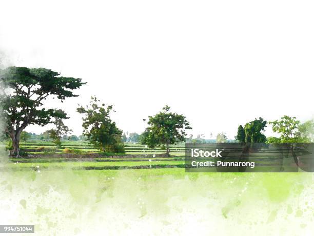 Abstract Tree And Field Landscape On Watercolor Illustration Painting Background Stock Photo - Download Image Now