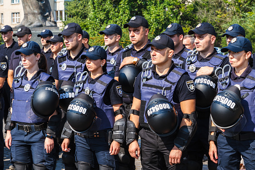 Uzhgorod, Ukraine - July 6, 2018: Construction of the police officers during the celebration of the third anniversary of Ukraine's National Police.