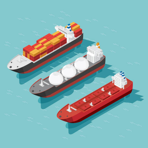 ilustraciones, imágenes clip art, dibujos animados e iconos de stock de carga isométrica nave nave de envase, buque de petróleo en el transporte marítimo, transporte de carga de envío. vector ilustración - buque tanque