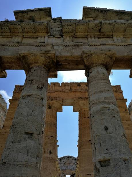 Paestum - Detail of the Temple of Neptune Paestum, Salerno, Campania, Italy - July 1, 2018: Detail of the Temple of Neptune temple of neptune doric campania italy stock pictures, royalty-free photos & images