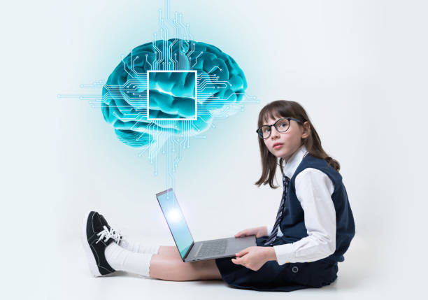 ai (artificial intelligence) and little girl. education concept. - child computer laptop little girls imagens e fotografias de stock