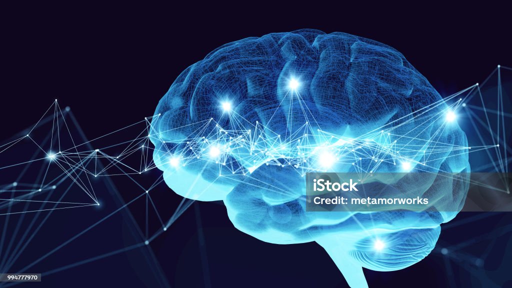AI (Artificial Intelligence) concept. 3D rendering. Human Brain Stock Photo