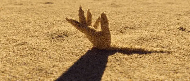 Photo of 3d Rendered Illustration of a Ladies Hand Made Out of Sand on Particles of Sand on a Sunny Day with Shallow Depth of Field