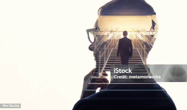 Double Exposure Of A Businessman And Stairs Success Of Business Concept Stock Photo - Download Image Now