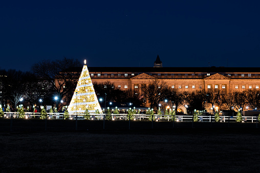 National Mall Christmas tree during sunset illuminated with people near White House in Washington DC
