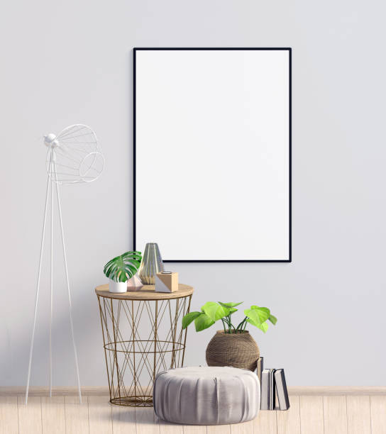 istock Modern interior with coffee table and puff. Poster mock up. 3d illustration. 994796084