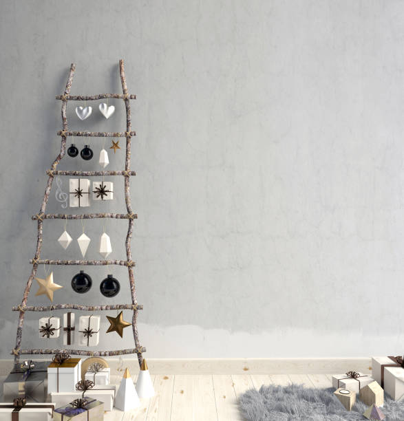istock Modern minimalistic Christmas interior, Scandinavian style. 3D illustration. wall mock up 994796156