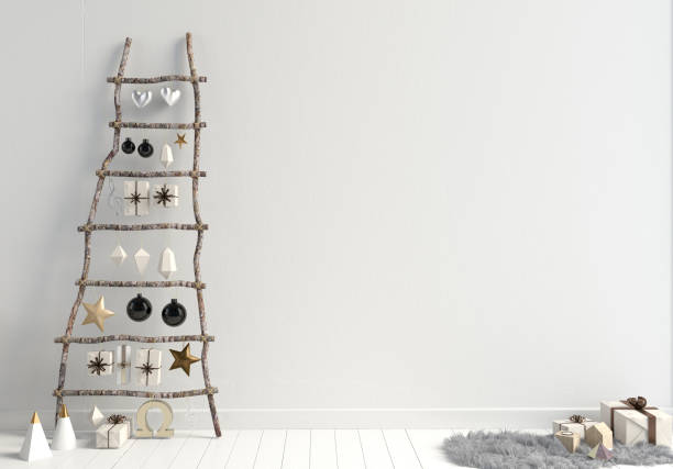 istock Modern minimalistic Christmas interior, Scandinavian style. 3D illustration. wall mock up 994796164