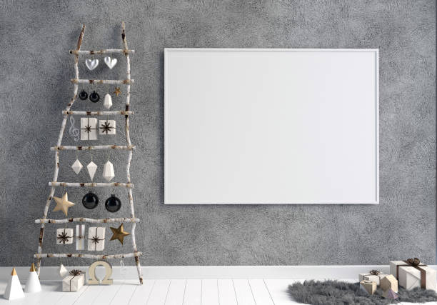 istock Modern minimalistic Christmas interior, Scandinavian style. 3D illustration. Poster mock up 994798302