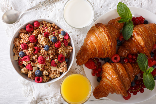 Healthy breakfast: granola with berries and croissants, milk and orange juice close-up on the table. horizontal view from above