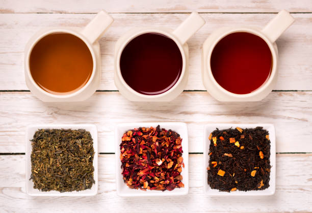 istock Three kind of tea in cups on wooden table 994817476