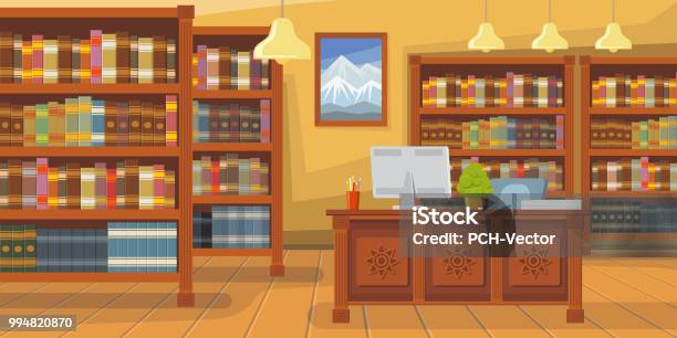 Modern Library With Bookshelf Vector Illustration Stock Illustration - Download Image Now - Library, Bookstore, Librarian
