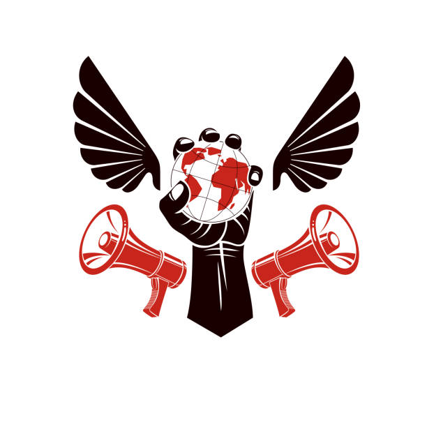 Decorative vector emblem composed with muscular raised clenched fist holding globe, liberty wings and megaphones. Politics and authority as the components of propaganda. Decorative vector emblem composed with muscular raised clenched fist holding globe, liberty wings and megaphones. Politics and authority as the components of propaganda. global populism stock illustrations