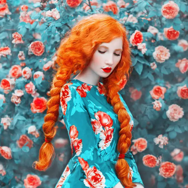 Photo of Young beautiful redhead girl with very long hair braided in plait on rose background. Fabulous renaissance woman in a flower dress against the backdrop of a beautiful rose bush. Doll with plait