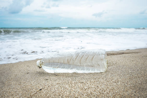 Discarded plastic bottle garbage pollution on the beach A single use Plastic bottle lies washed up on the otherwise pristine beach. Seemingly harmless, it represents the massive environmental issue that is Global Ocean Pollution. Plastic in the Ocean is said to be one of the largest threats to our ocean ecosystems. Over 8 million tonnes is dumped in the Ocean every year. Discarded, abandoned or obsolete items which become dangerous garbage, is responsible for the deaths of huge amounts of Marine Life every year, through entanglement and consumption. The location here is Ko Lanta, Krabi, Thailand. I removed the plastic after taking the image. plastic marine life stock pictures, royalty-free photos & images