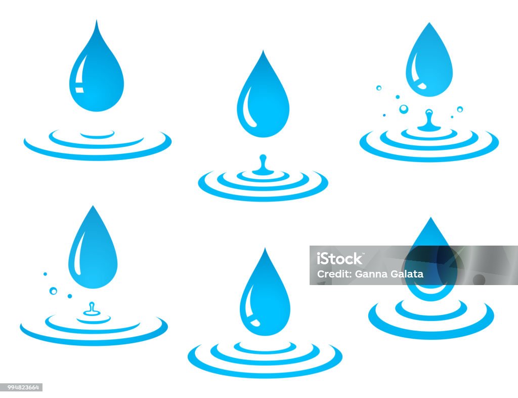 set of blue water drop and splash set of blue graphic isolated falling water drop icons and splash on white background Water stock vector