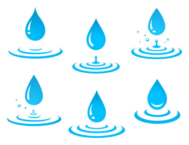 set of blue water drop and splash set of blue graphic isolated falling water drop icons and splash on white background drinking water illustrations stock illustrations