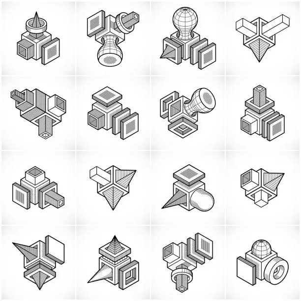 Vector illustration of Abstract construction isometric designs, vector set.