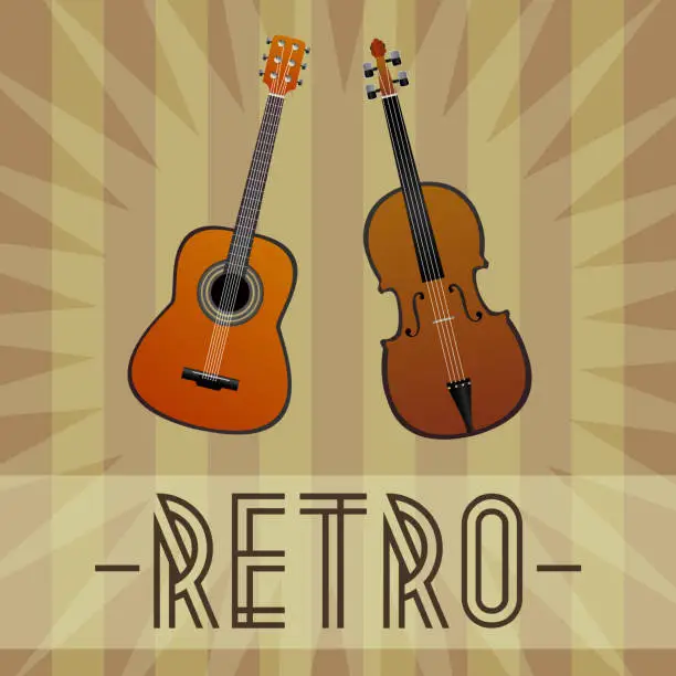 Vector illustration of Guitar and violin on the retro background with star and stripes