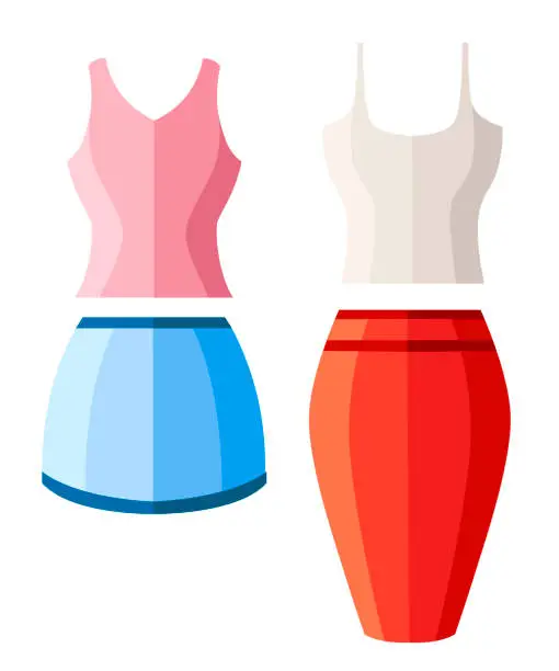 Vector illustration of Set of women summer clothes. Short and long skirt and tank top. Flat vector illustration. Isolated on white background