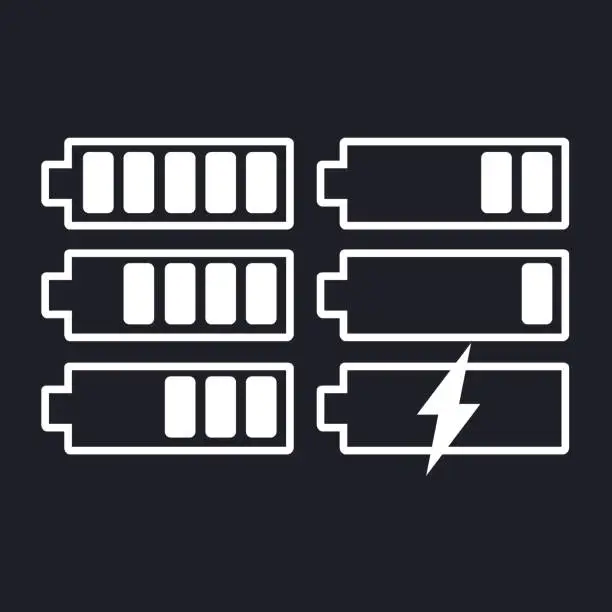 Vector illustration of Battery icon vector set on isolated background. Symbols of battery charge level, full and low. The degree of battery power flat vector illustration.