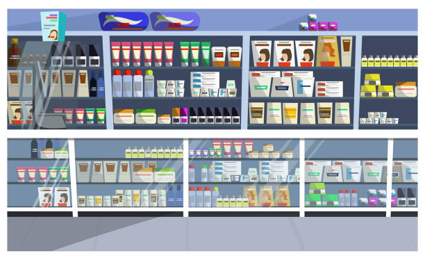 Display with hair products vector illustration Display with hair products vector illustration. Aisle, store, shelf, shampoo. Retail concept. Can be used for topics like pharmacy, supermarket, beauty care pharmacy store stock illustrations