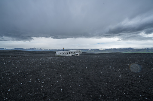 Young man stands on airplane crashed on black sand beach looking around her contemplating surroundings
Famous place to visit in Iceland and pose with the wreck