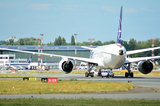 Warsaw, Poland. 6 July 2018. SP-LRE LOT - Polish Airlines Boeing 787-8 Dreamliner preparing to take off.