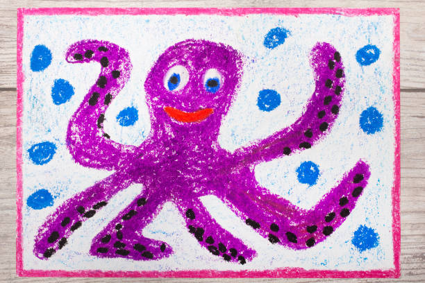 Colorful hand drawing and crayons: Smiling cute octopus Colorful hand drawing and crayons: Smiling cute octopus crayon drawing photos stock pictures, royalty-free photos & images
