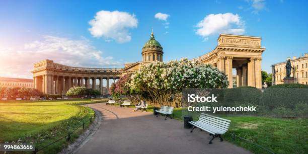Kazan Cathedral Bushes Of Blossoming Lilacs Stock Photo - Download Image Now - St. Petersburg - Russia, Kazan Cathedral - St. Petersburg, Russia