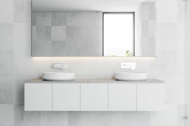 istock White Scandinavian bathroom interior, double sink 994866626