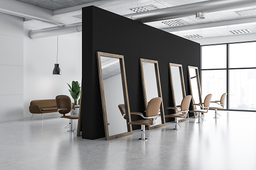 Modern barber shop corner with white and black walls, tall mirrors and comfortable beige chairs. 3d rendering
