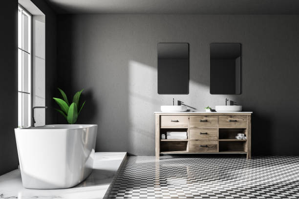 istock Loft gray luxury bathroom, white tub, front 994866952