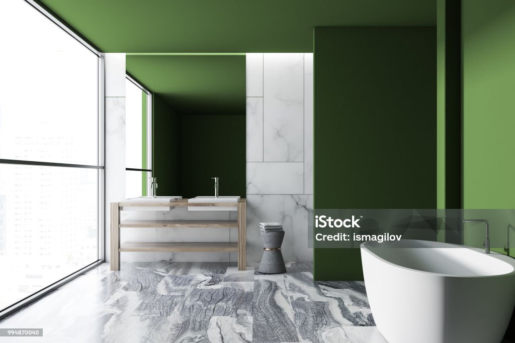 Loft green luxury bathroom interior, tub and sink Loft green wall luxury bathroom interior with a gray marble floor, a white bathtub, and a double vessel sink. 3d rendering mock up Bathroom Stock Photo
