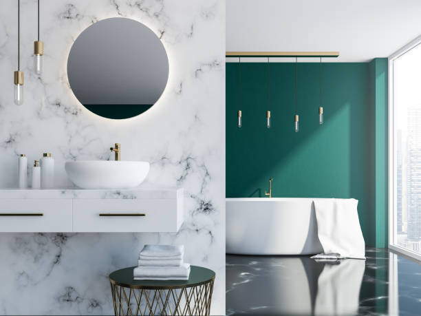 istock Marble and green bathroom interior close up 994870102